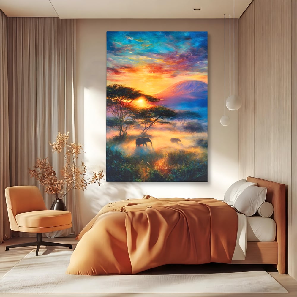 Tablou canvas cu tablou canvas cu elefanti la apus, fara rama, pe sasiu de lemn, pe perete intr-un dormitor